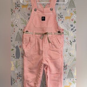 Oshkosh Baby B’Gosh Pink Hickory Railroad Stripe Stretch Overalls w Gold Belt 6M